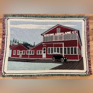 Vintage Boeing Airplane Co. Red Barn Afghan Blanket Tapestry Throw Woven Cotton